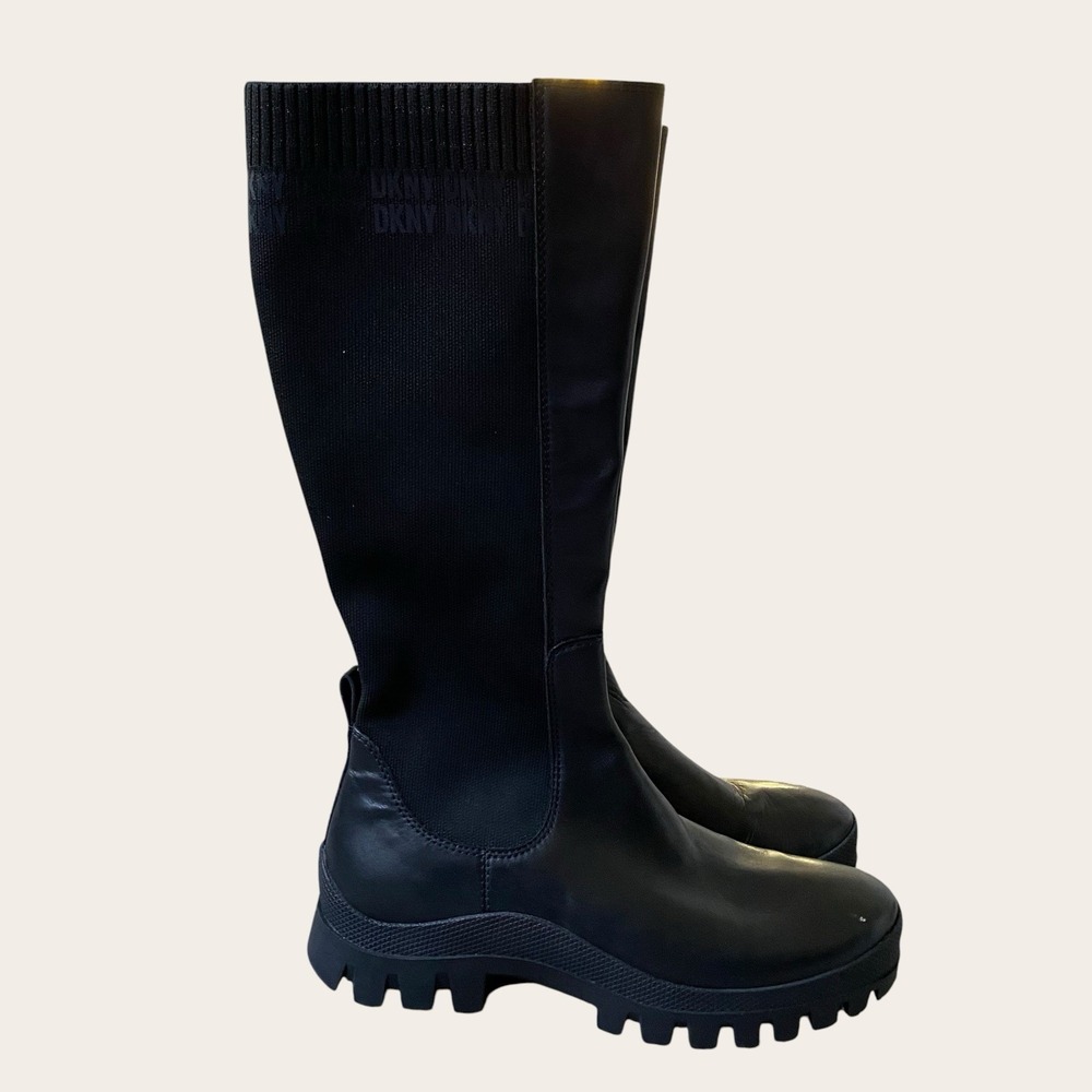 DKNY Knee High Boots 10M Black Stretch Lug Sole Chunky Platform Moto Riding
